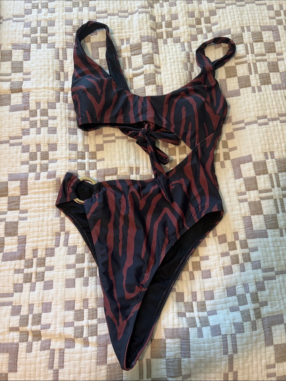 Women’s Black & Brown Zebra-Print One-Piece Swimsuit with Cutout